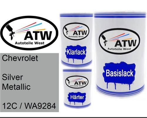 Chevrolet, Silver Metallic, 12C / WA9284: 500ml Lackdose + 500ml Klarlack + 250ml Härter - Set, von ATW Autoteile West.